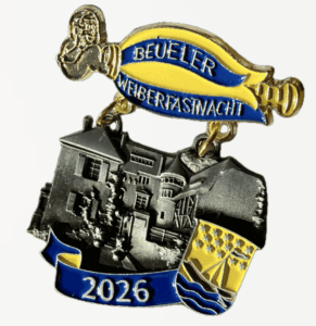 Festabzeichen Beueler Weiberfastnacht 2026 mit Burg Lede als Motiv