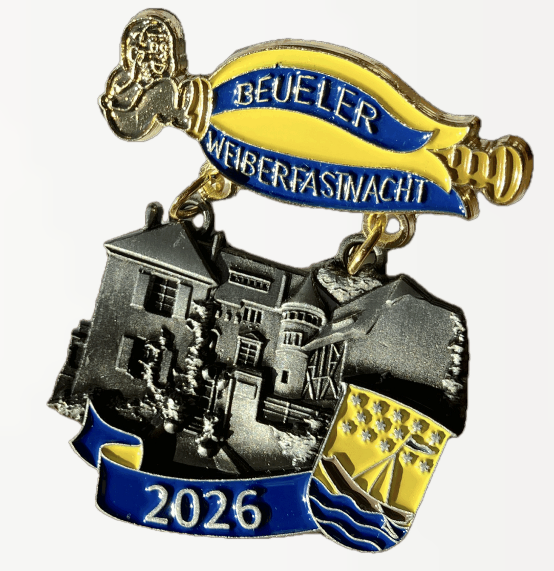 Festabzeichen Beueler Weiberfastnacht 2026 mit Burg Lede als Motiv