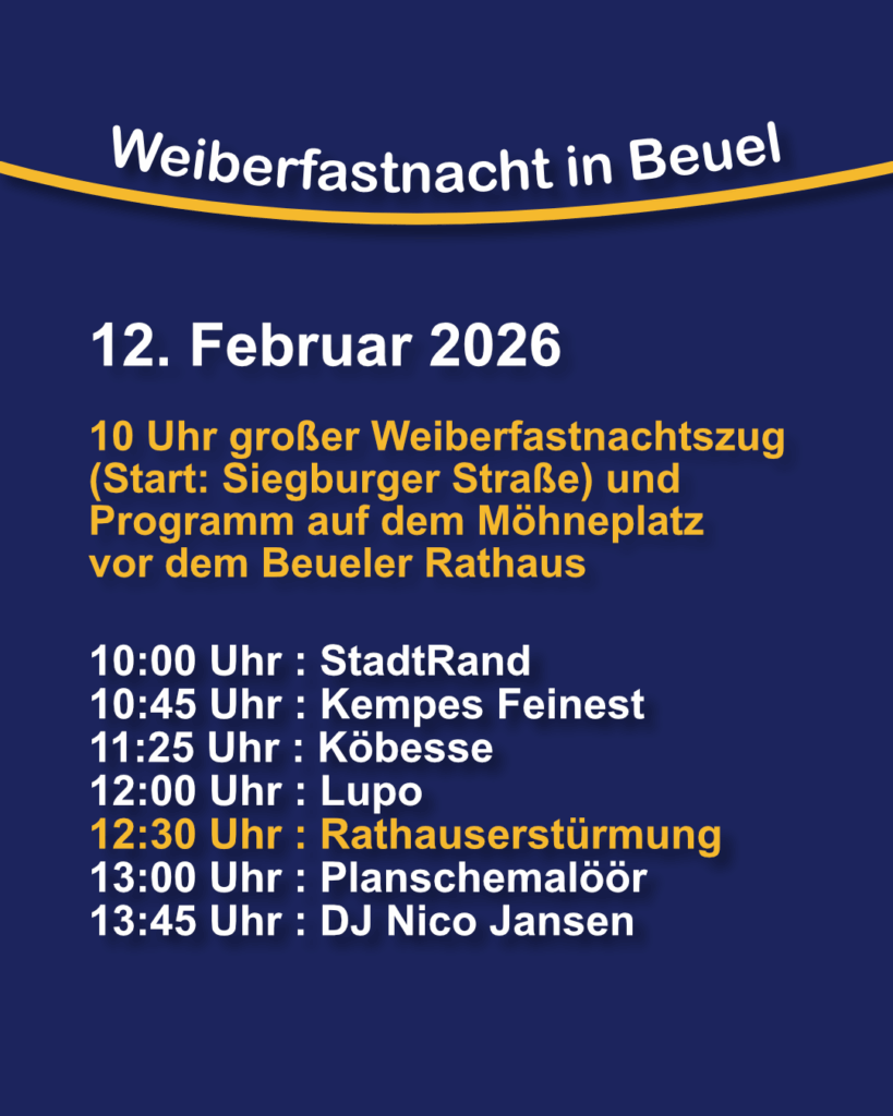 10:00 Uhr : StadtRand
10:45 Uhr : Kempes Feinest
11:25 Uhr : Köbesse
12:00 Uhr : Lupo
12:30 Uhr : Rathauserstürmung
13:00 Uhr : Planschemalöör
13:45 Uhr : DJ Nico Jansen