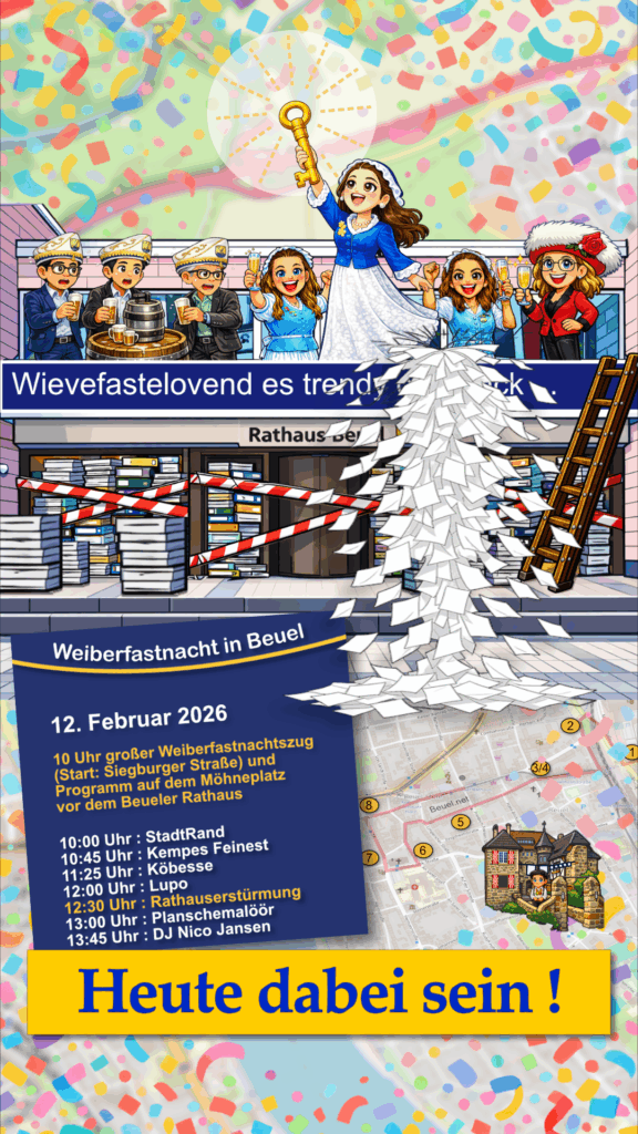 Was ist denn das?! Da staunt das Herren Trio um Bezirksbürgermeister Marco Rudolph nicht schlecht: die Wäscherprinzessin konnte sich unbemerkt auf den Balkon schleichen. Und noch mehr: sie hat den goldenen Schlüssel ergattert, der auf dem Aktenstapel lag. Judith I. kam nicht alleine: an ihrer Seite ihre beiden Wäscherinnen Lea und Jule und natürlich die Obermöhn Patty Burgunder. Voller Elan haben sie die Barrikaden umgestoßen, so dass sie zu einem Konfetti-Regen wurden. Fragt uns nicht wie das so schnell ging: irgendwo her haben die Mädels bereits Sekt gezaubert. 