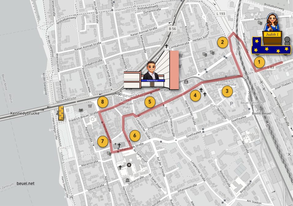 Das ist der Zugweg des Beueler Weiberfastnachtszuges für 2026: der Zug Startet von der Siegburger Straße und endet am Möhneplatz am Beueler Rathaus. 