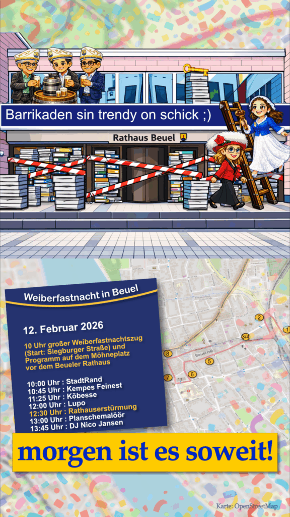 Countdown: Auch Marco Rudolphs Vorgänger und 1. Stellvertreter Guido Pfeiffer hat es rechtzeitig ins Rathaus geschafft und mit seinen alten Akten den letzten Spalt in der Eingangstür versiegelt. Die Herrenrunde ist in Feierlaune und hat direkt ein Pittermännsche parat: "Jetzt kann uns nichts mehr passieren. Darauf wollen wir anstoßen". Na, ob sich die Herren da nicht ein wenig zu sicher sind … 
Unbemerkt von ihnen haben die Wäscherprinzessin Judith I. und Obermöhn Patty Burgunder das Rathaus erreicht. Hinter den Papierstapeln können sie unbemerkt die Leiter anlegen. Eine Sache ist seltsam: Marco Rudolph hatte den Schlüssel die ganze Zeit direkt bei sich. Doch wo ist er nur geblieben?
