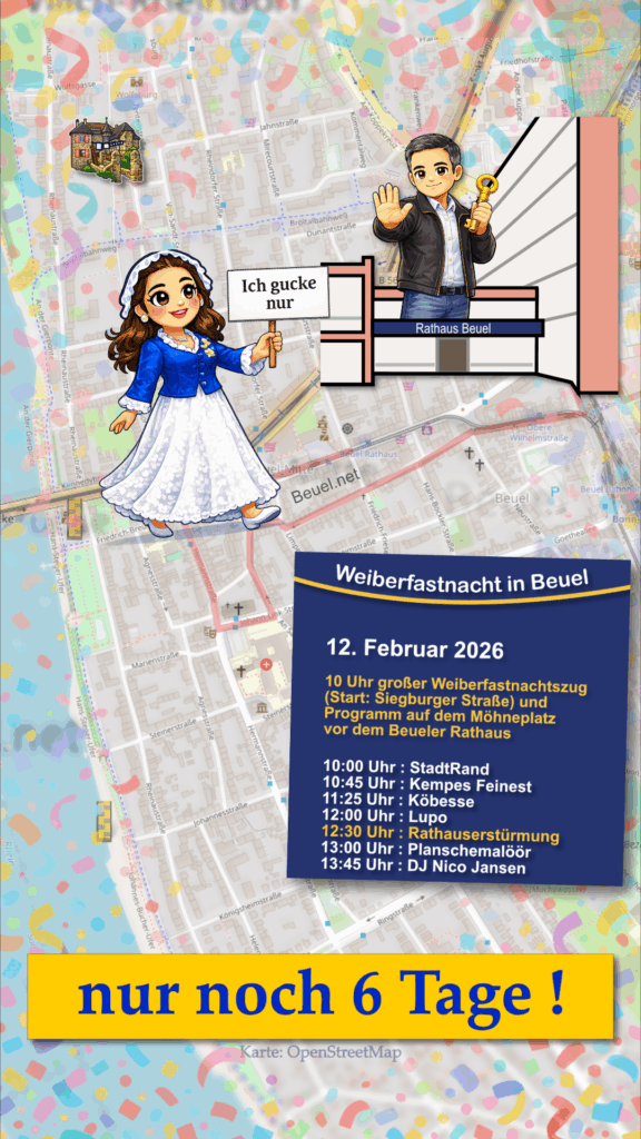 Das Bild zeigt die Wäscherprinzessin Judith I., die kurz vor dem Rathaus seht. Sie hält ein Schild hoch auf dem steht "Ich gucke nur". Der Bürgermeister Marco Rudolph hält den Schlüssel fest in der Hand und signalisiert ihr: hier geht es nicht weiter. In der Ferne ist die Burg Lede zu sehen. Es sind noch 6 Tage bis zur Weiberfastnacht in Beuel!