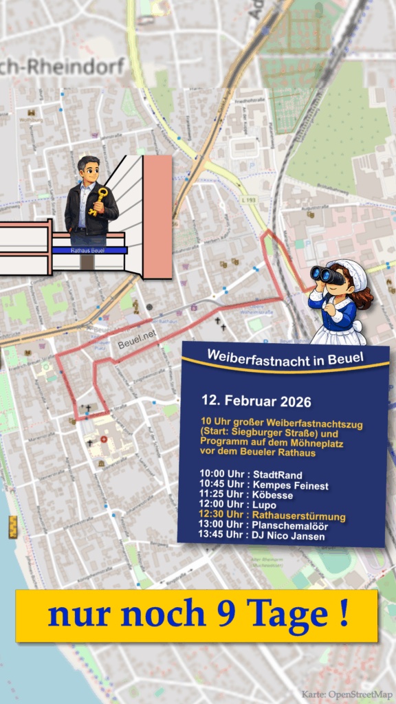 Eine Karte zeigt den Zugweg des Weiberfastnachtszug in Beuel. Hinter einem Schild mit Angaben zum Programm auf der Bühne schaut die Wäscherprinzessin Judith I. mit einem Fernglas gen Rathaus. Vielleicht gibt es eine gute Möglichkeit wie sie in 9 Tagen an den Schlüssel kommt? Der Bürgermeister bekommt von all dem nichts mit.